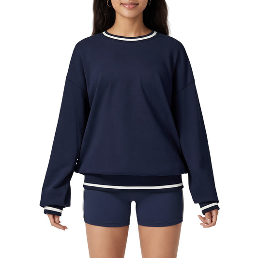 Long Sleeve Crew Neck Pullover Sweatshirt with Contrast Trim Ribbed Hem and Relaxed Fit