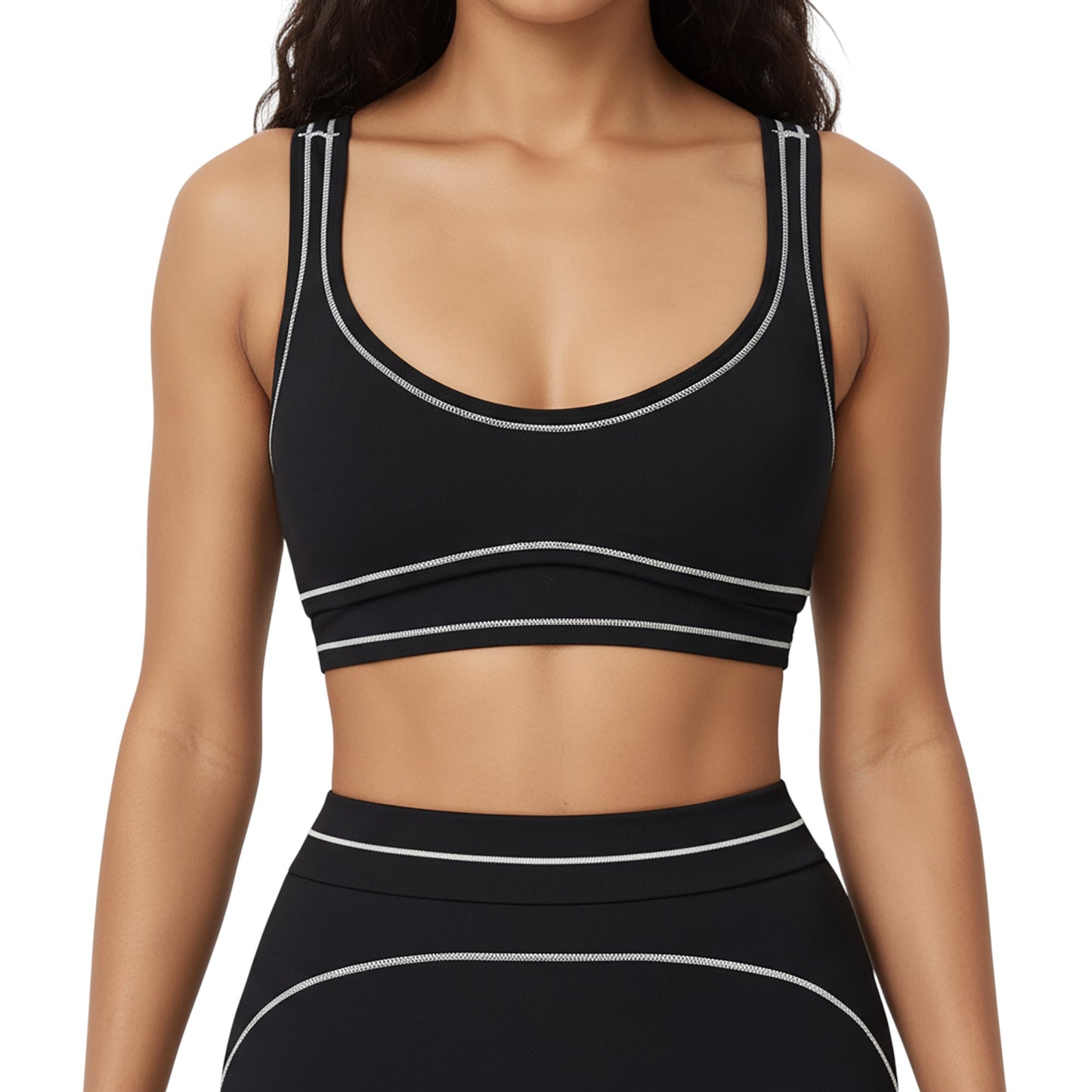 Sports Bra with Scoop Neck, Wide Straps, and Contrast Stitch Detailing for Medium Support