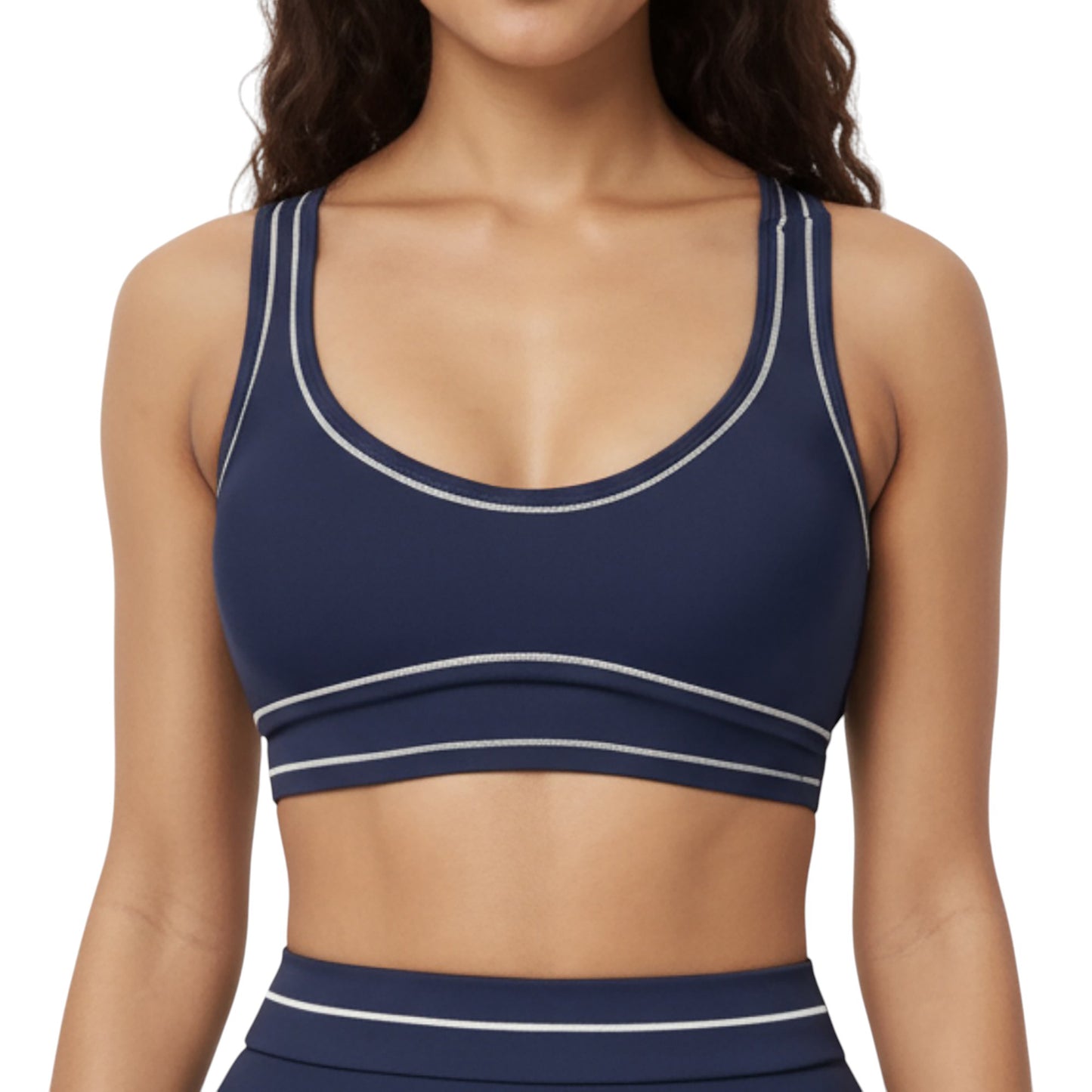 Sports Bra with Scoop Neck, Wide Straps, and Contrast Stitch Detailing for Medium Support
