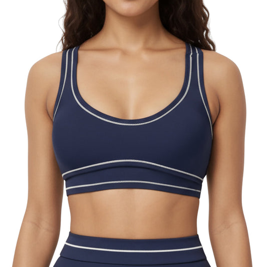 Sports Bra with Scoop Neck, Wide Straps, and Contrast Stitch Detailing for Medium Support