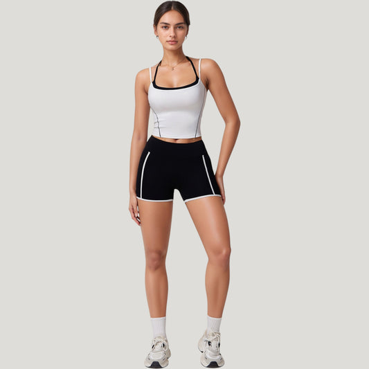 Double Strap Square Neck Activewear Crop Top with Contrast Trim and Streamlined Athletic Fit