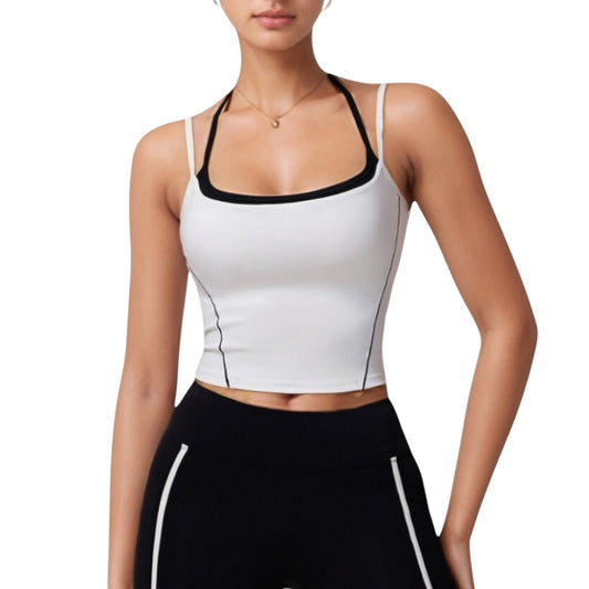 Double Strap Square Neck Activewear Crop Top with Contrast Trim and Streamlined Athletic Fit