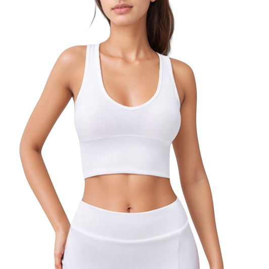 Ribbed Sports Bra with Wide Straps and Scoop Neckline for Low to Medium Impact Activities