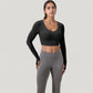 Long Sleeve V-Neck Cropped Active Top with Thumbhole Cuffs and Stretch Fit for Workouts