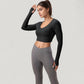 Long Sleeve V-Neck Cropped Active Top with Thumbhole Cuffs and Stretch Fit for Workouts