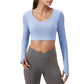 Long Sleeve V-Neck Cropped Active Top with Thumbhole Cuffs and Stretch Fit for Workouts