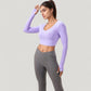 Long Sleeve V-Neck Cropped Active Top with Thumbhole Cuffs and Stretch Fit for Workouts