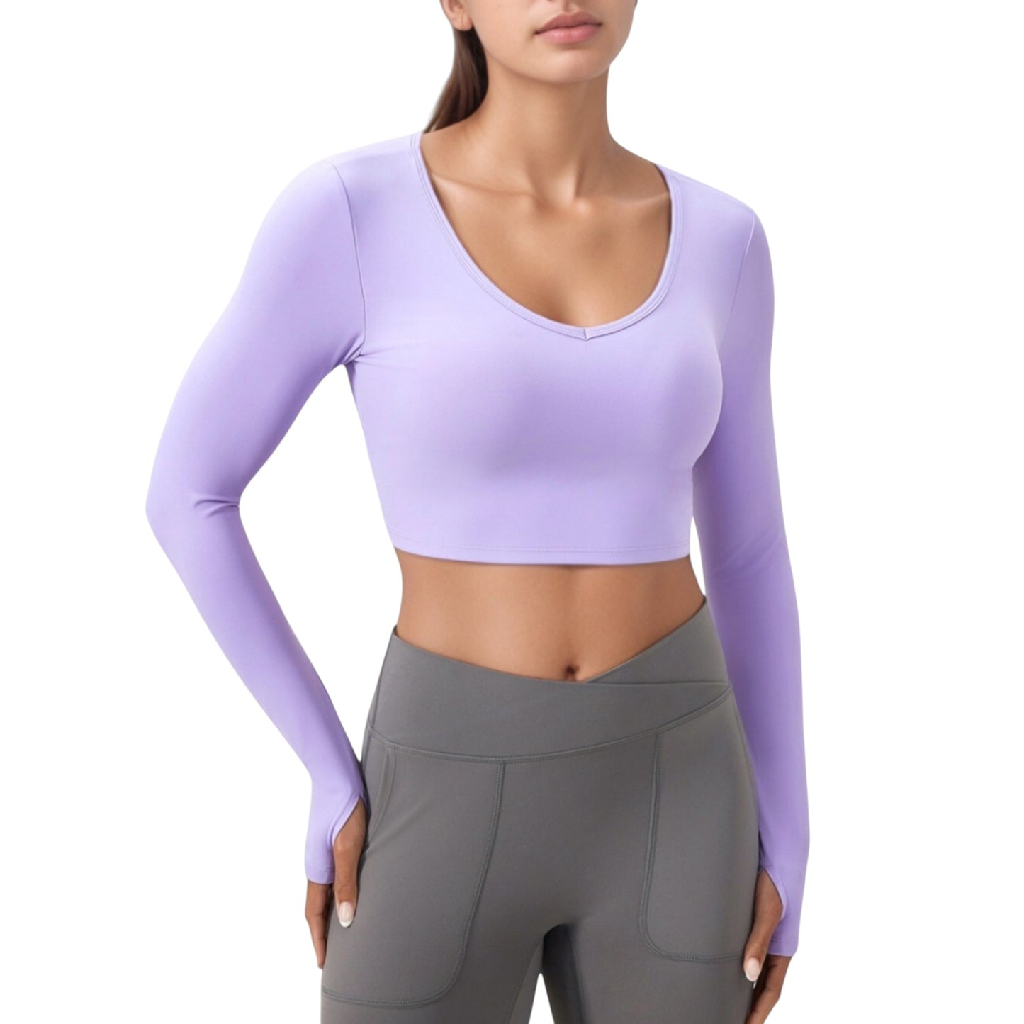 Long Sleeve V-Neck Cropped Active Top with Thumbhole Cuffs and Stretch Fit for Workouts