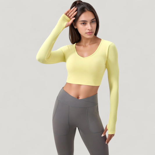 Long Sleeve V-Neck Cropped Active Top with Thumbhole Cuffs and Stretch Fit for Workouts