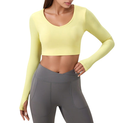 Long Sleeve V-Neck Cropped Active Top with Thumbhole Cuffs and Stretch Fit for Workouts