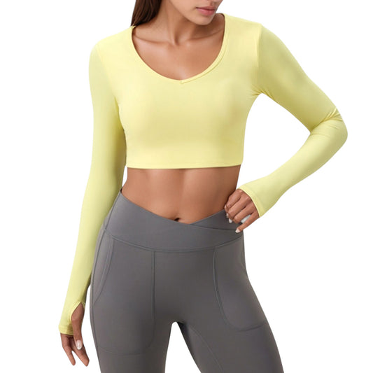 Long Sleeve V-Neck Cropped Active Top with Thumbhole Cuffs and Stretch Fit for Workouts