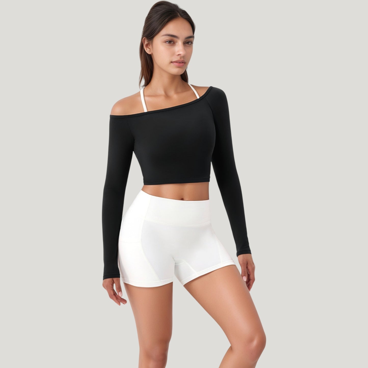 Off Shoulder Long Sleeve Activewear Crop Top with Streamlined Fit and Lightweight Stretch Fabric