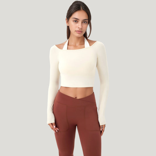 Off Shoulder Long Sleeve Activewear Crop Top with Streamlined Fit and Lightweight Stretch Fabric