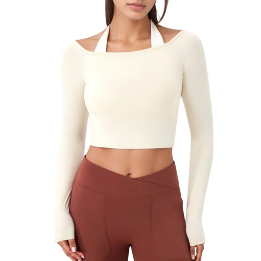 Off Shoulder Long Sleeve Activewear Crop Top with Streamlined Fit and Lightweight Stretch Fabric