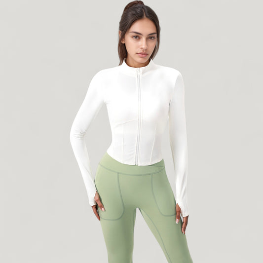 Long Sleeve Zip-Up Cropped Active Jacket with Thumbhole Cuffs and Slim Fit Design