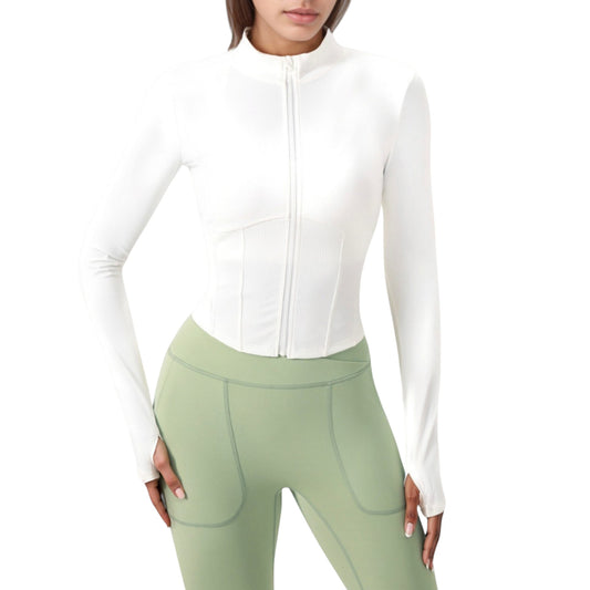 Long Sleeve Zip-Up Cropped Active Jacket with Thumbhole Cuffs and Slim Fit Design