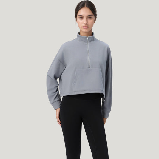 Long Sleeve Half Zip Pullover Top with Mock Neck and Kangaroo Pocket