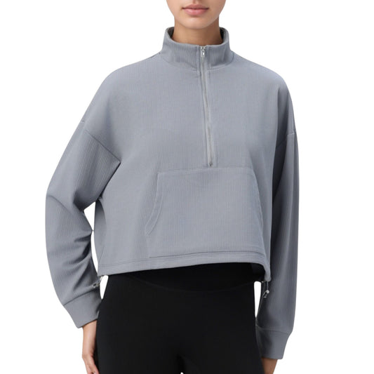 Long Sleeve Half Zip Pullover Top with Mock Neck and Kangaroo Pocket