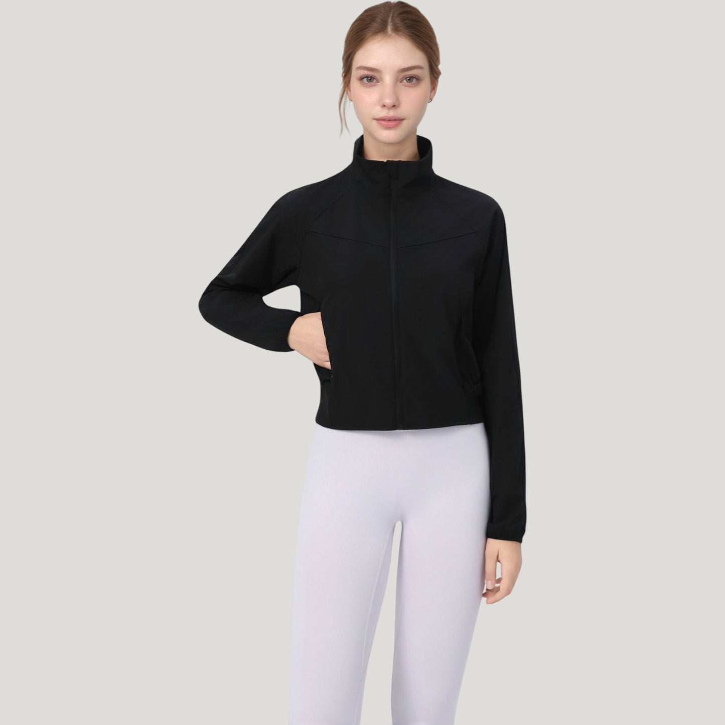 Lightweight Zip Up Active Jacket with Stand Collar and Slim Fit