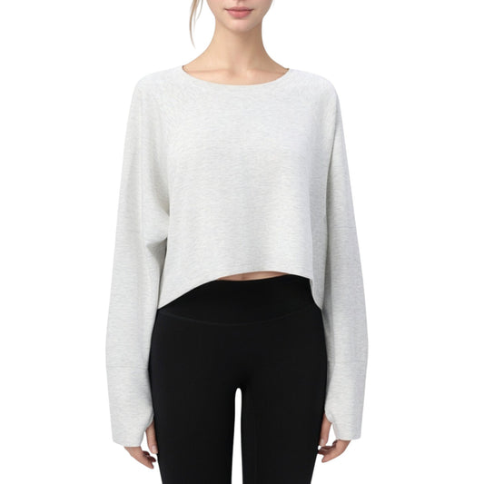 Cropped Long Sleeve Active Top with Relaxed Fit and Crew Neck