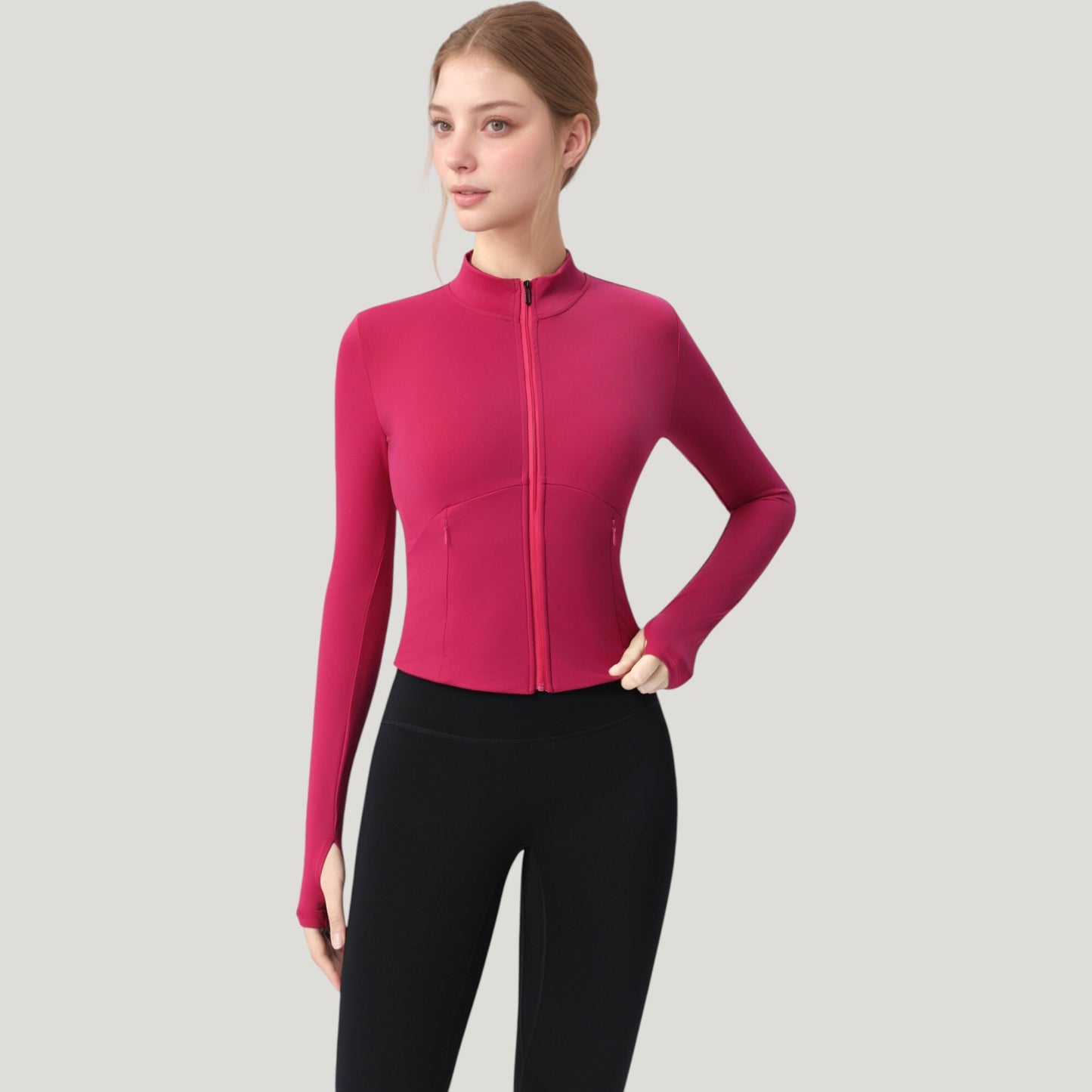 Long Sleeve Full Zip Athletic Jacket with Thumbholes and Fitted Silhouette