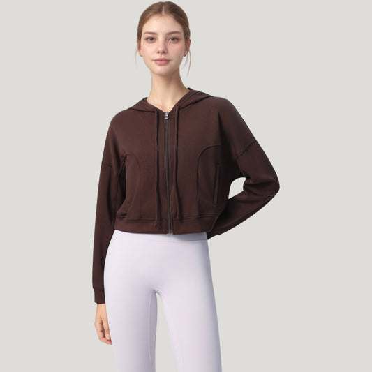 Zip Front Cropped Hoodie with Long Sleeves and Drawstring Hood