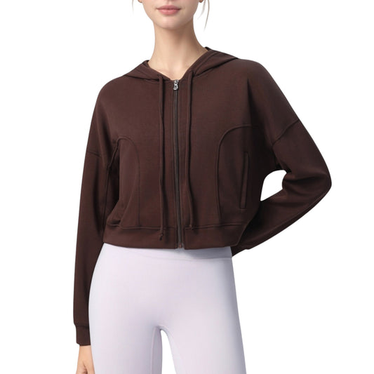 Zip Front Cropped Hoodie with Long Sleeves and Drawstring Hood