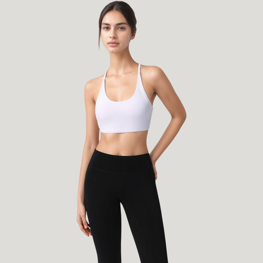 Strappy Back Sports Bra with Scoop Neck and Crisscross Detailing