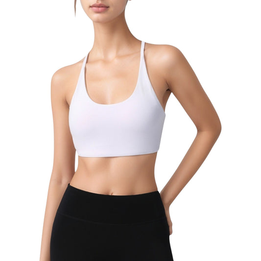 Strappy Back Sports Bra with Scoop Neck and Crisscross Detailing