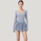 Long Sleeve Pleated Skirt Active Dress with Scoop Neckline