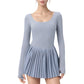 Long Sleeve Pleated Skirt Active Dress with Scoop Neckline
