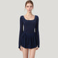 Long Sleeve Pleated Skirt Active Dress with Scoop Neckline