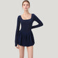 Long Sleeve Pleated Skirt Active Dress with Scoop Neckline