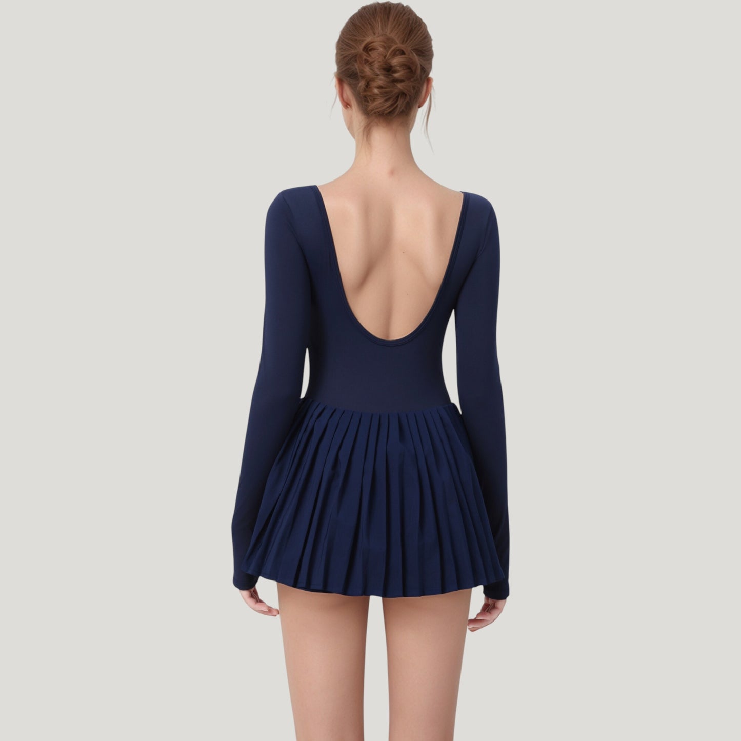 Long Sleeve Pleated Skirt Active Dress with Scoop Neckline