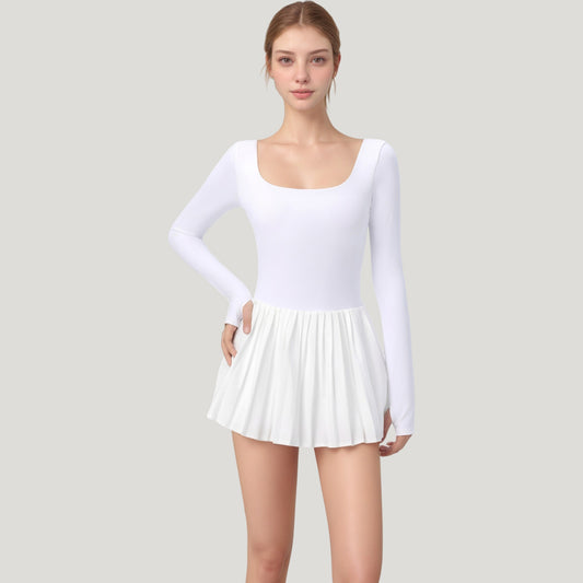 Long Sleeve Pleated Skirt Active Dress with Scoop Neckline