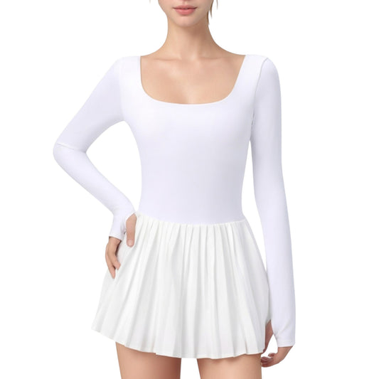Long Sleeve Pleated Skirt Active Dress with Scoop Neckline