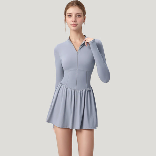 Long Sleeve Athletic Dress with Front Zip and Flowy Skirt