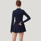 Long Sleeve Athletic Dress with Front Zip and Flowy Skirt