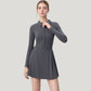 Long Sleeve Active Dress with Zip Front Closure and Pointed Collar