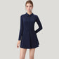 Long Sleeve Active Dress with Zip Front Closure and Pointed Collar
