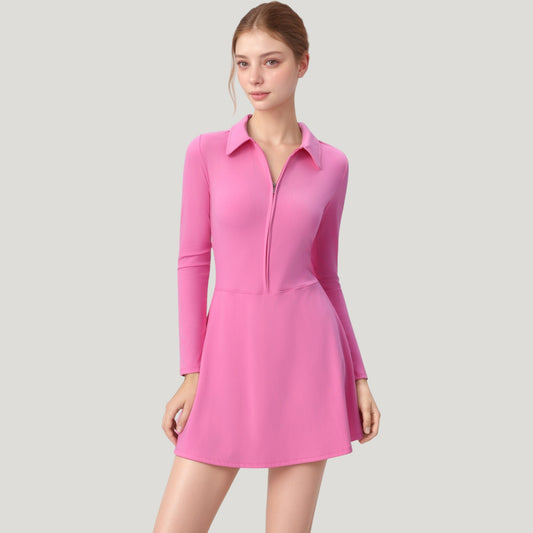 Long Sleeve Active Dress with Zip Front Closure and Pointed Collar