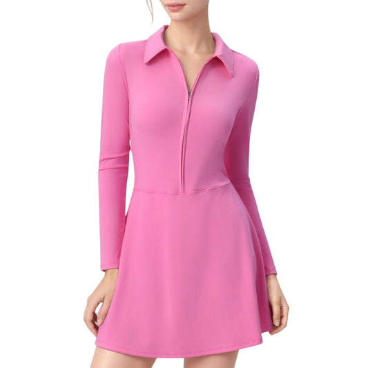 Long Sleeve Active Dress with Zip Front Closure and Pointed Collar
