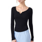 Long Sleeve Henley Activewear Top with Scoop Neckline and Streamlined Fitted Silhouette