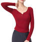Long Sleeve Henley Activewear Top with Scoop Neckline and Streamlined Fitted Silhouette