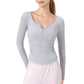 Long Sleeve Henley Activewear Top with Scoop Neckline and Streamlined Fitted Silhouette