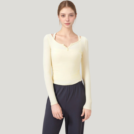 Long Sleeve Henley Activewear Top with Scoop Neckline and Streamlined Fitted Silhouette