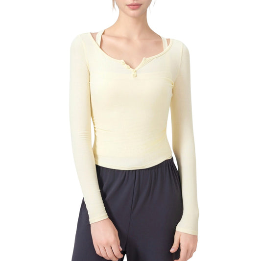Long Sleeve Henley Activewear Top with Scoop Neckline and Streamlined Fitted Silhouette