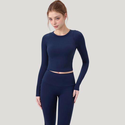 Long Sleeve Cropped Sports Top with Open Back and Crisscross Strap Detail