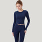Long Sleeve Cropped Sports Top with Open Back and Crisscross Strap Detail