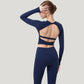 Long Sleeve Cropped Sports Top with Open Back and Crisscross Strap Detail